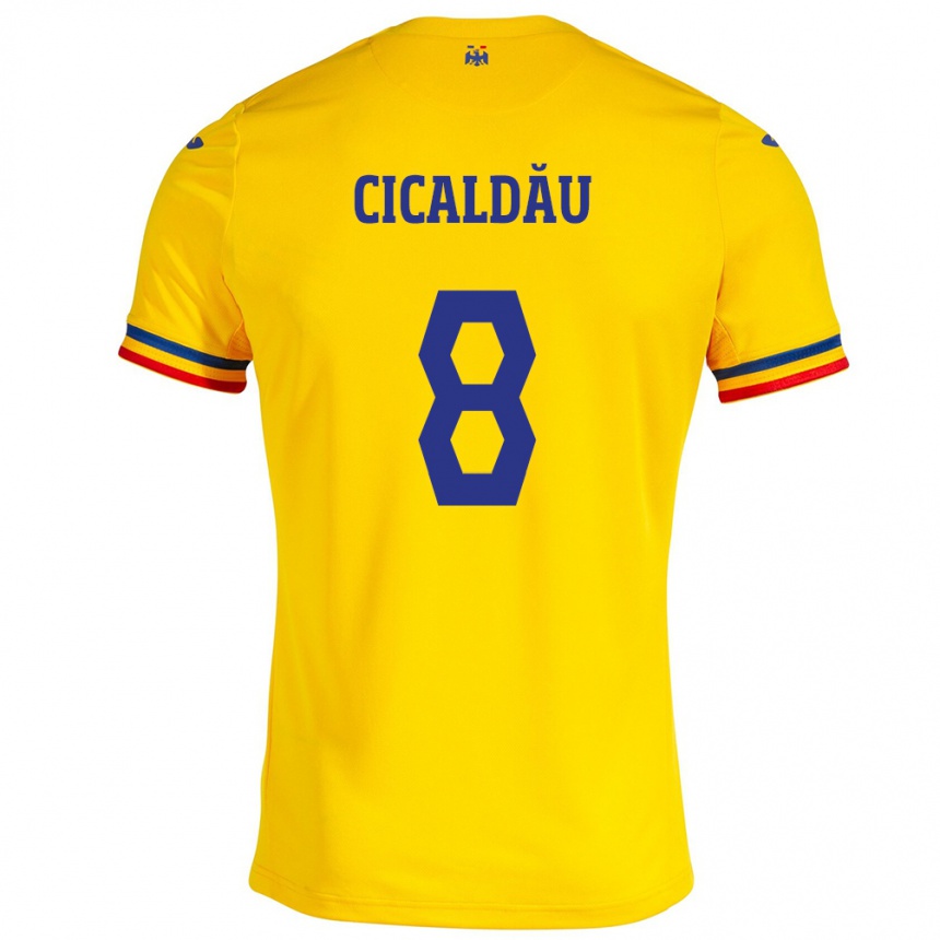 Niño Fútbol Camiseta Rumania Alexandru Cicâldău #8 Amarillo 1ª Equipación 24-26 México