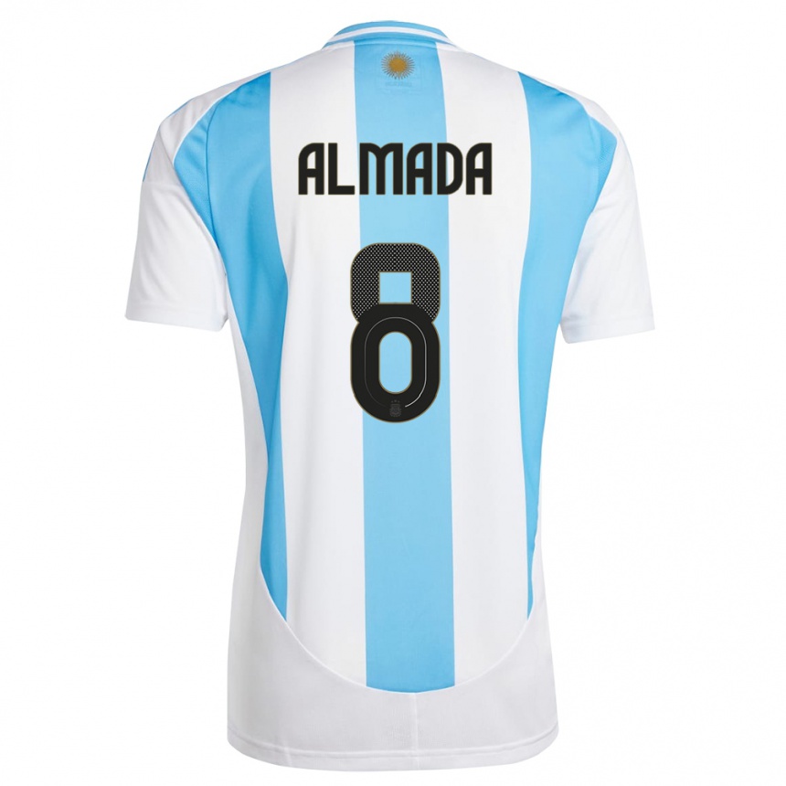 Niño Fútbol Camiseta Argentina Thiago Almada #8 Blanco Azul 1ª Equipación 24-26 México