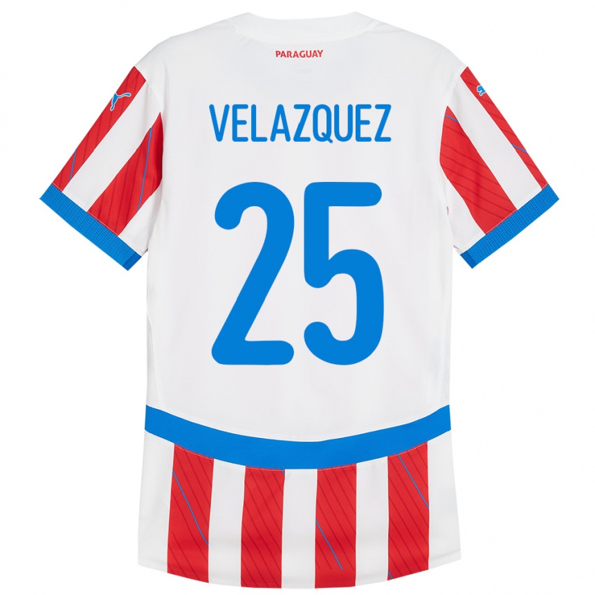 Niño Fútbol Camiseta Paraguay Gustavo Velázquez #25 Blanco Rojo 1ª Equipación 24-26 México