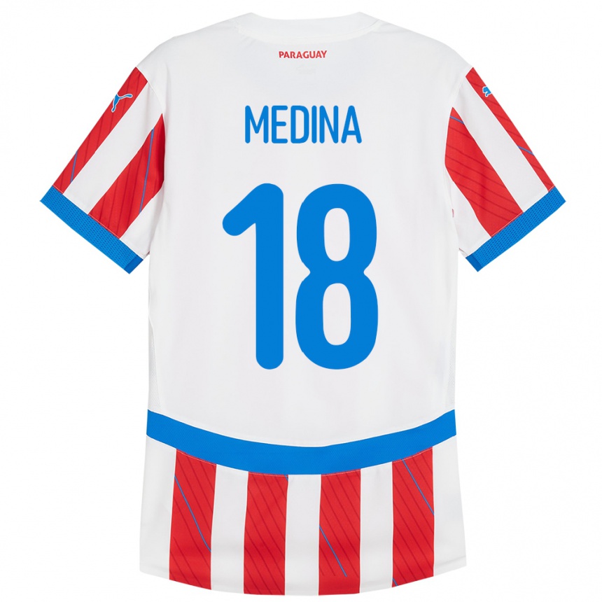 Niño Fútbol Camiseta Paraguay Jesús Medina #18 Blanco Rojo 1ª Equipación 24-26 México