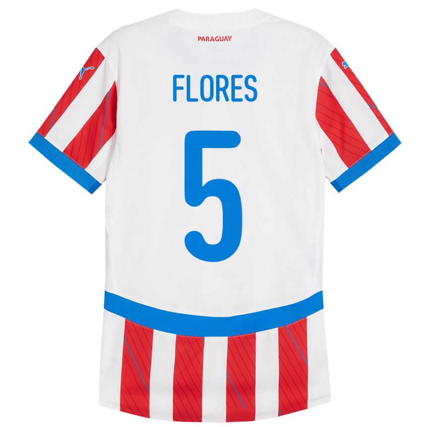 Niño Fútbol Camiseta Paraguay Gilberto Flores #5 Blanco Rojo 1ª Equipación 24-26 México