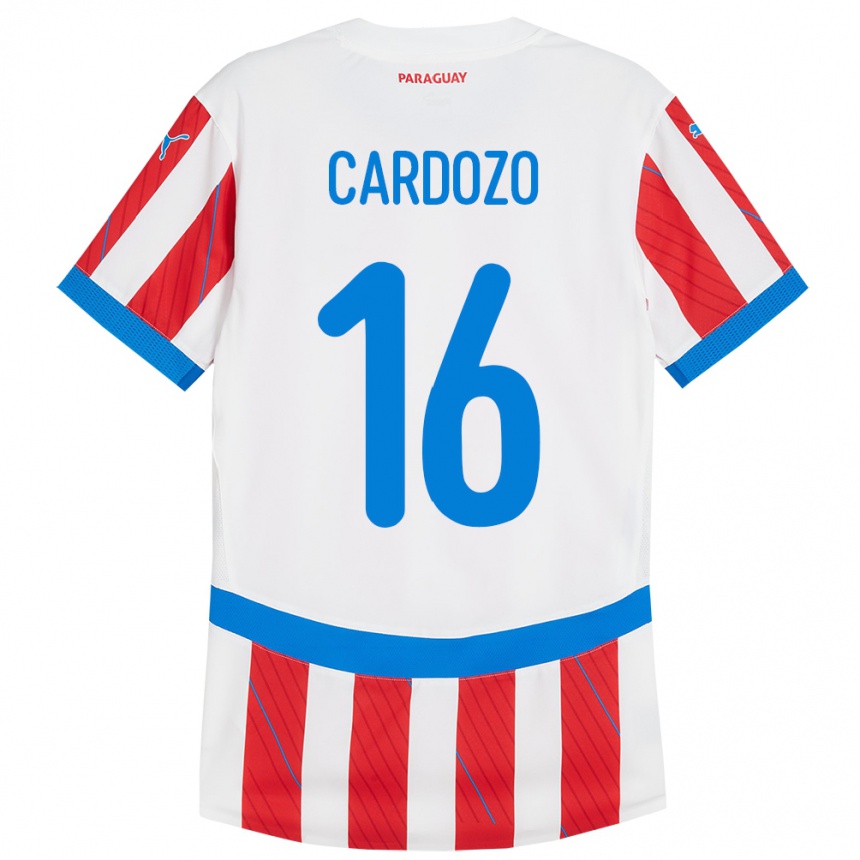 Niño Fútbol Camiseta Paraguay Juan Cardozo #16 Blanco Rojo 1ª Equipación 24-26 México