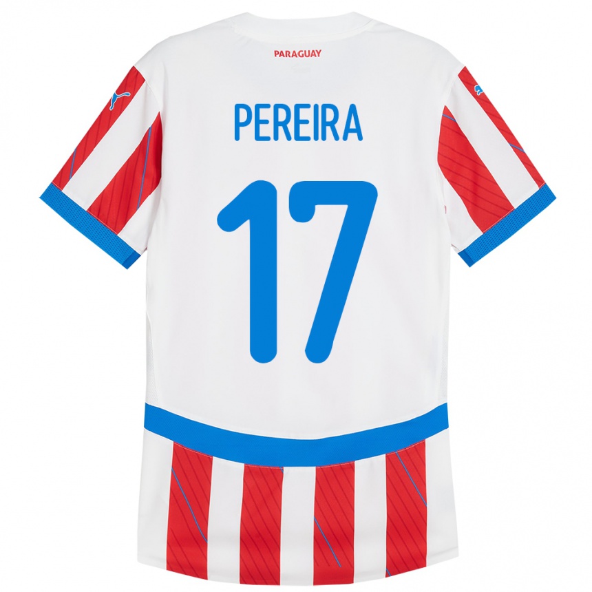 Niño Fútbol Camiseta Paraguay Kevin Pereira #17 Blanco Rojo 1ª Equipación 24-26 México