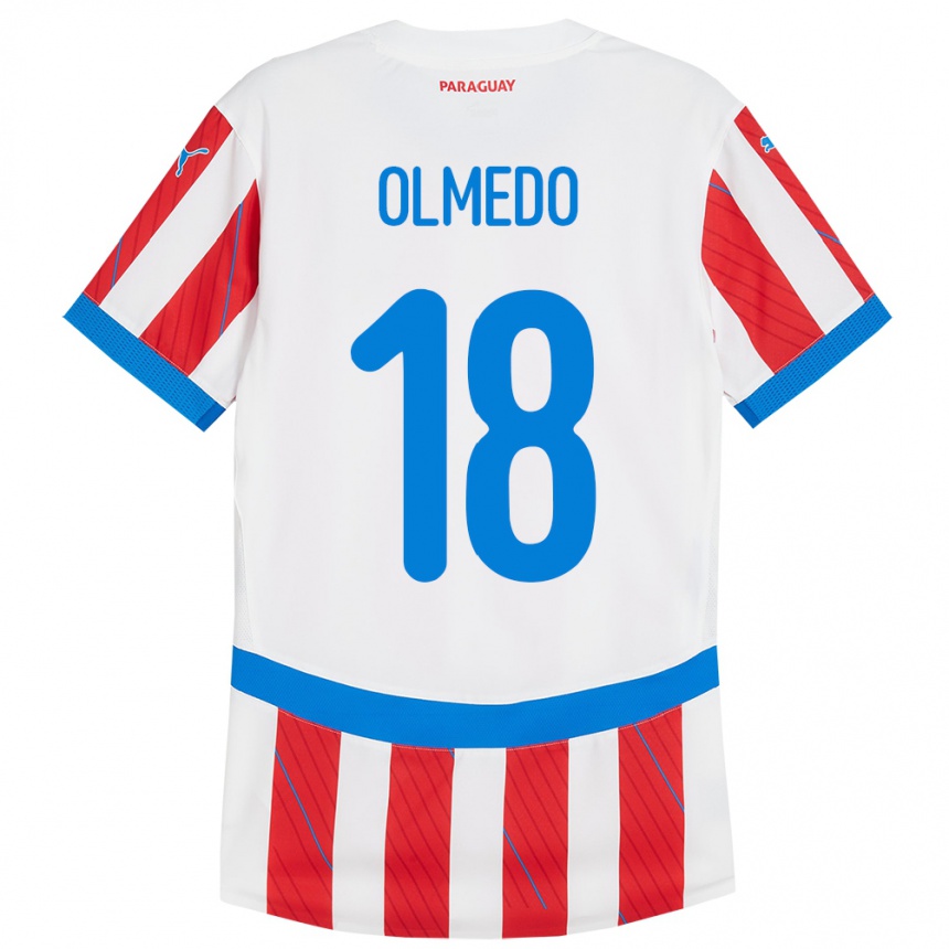 Niño Fútbol Camiseta Paraguay Cesar Olmedo #18 Blanco Rojo 1ª Equipación 24-26 México