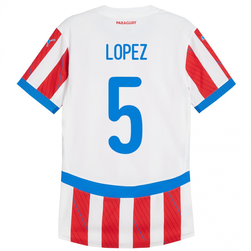 Niño Fútbol Camiseta Paraguay Óscar López #5 Blanco Rojo 1ª Equipación 24-26 México