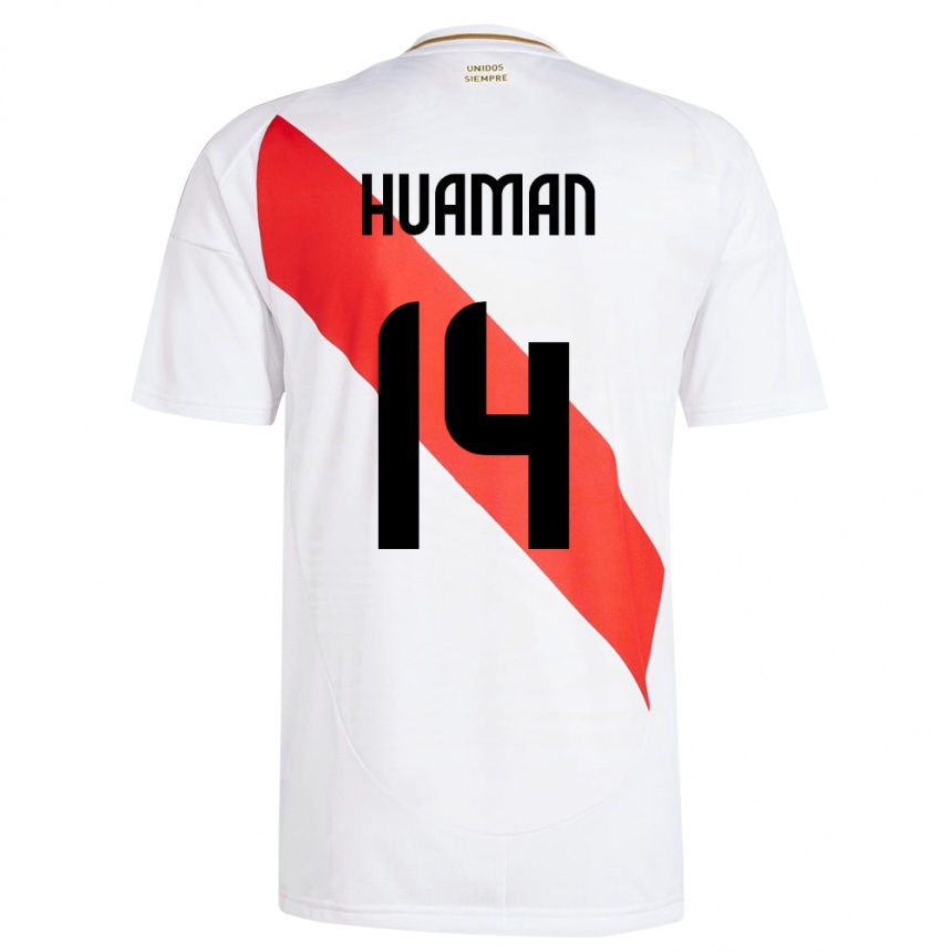 Niño Fútbol Camiseta Perú Marco Huamán #14 Blanco 1ª Equipación 24-26 México