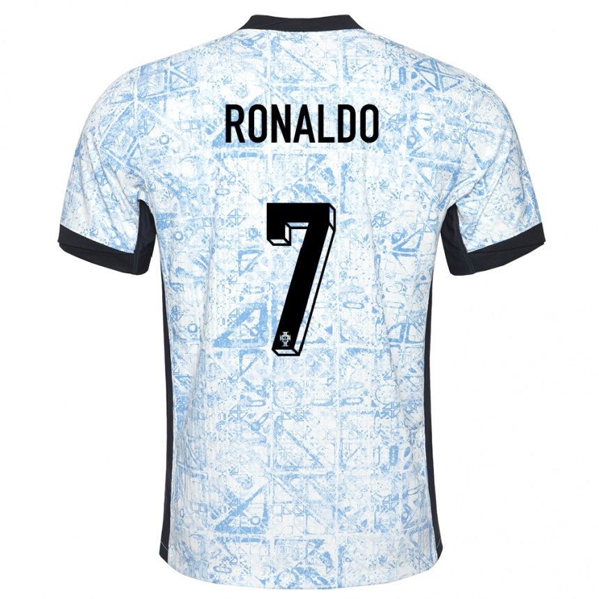 Niño Fútbol Camiseta Portugal Cristiano Ronaldo #7 Crema Azul 2ª Equipación 24-26 México
