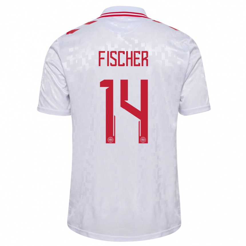 Niño Fútbol Camiseta Dinamarca Mikkel Fischer #14 Blanco 2ª Equipación 24-26 México