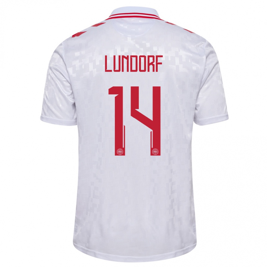 Niño Fútbol Camiseta Dinamarca Matilde Lundorf #14 Blanco 2ª Equipación 24-26 México