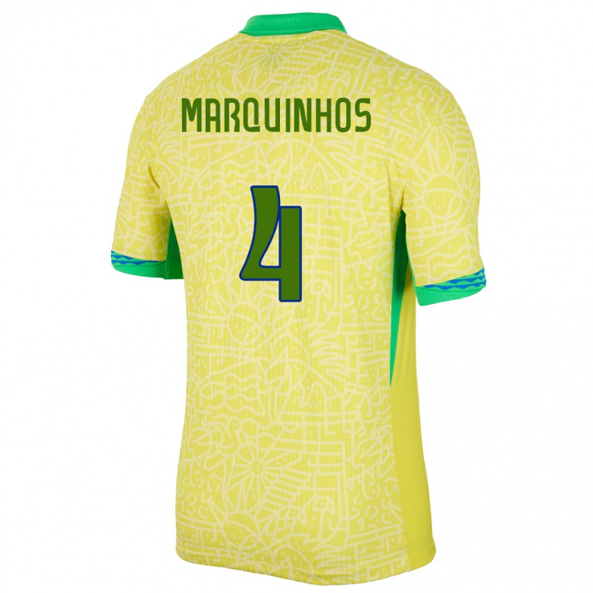 Hombre Fútbol Camiseta Brasil Marquinhos #4 Amarillo 1ª Equipación 24-26 México