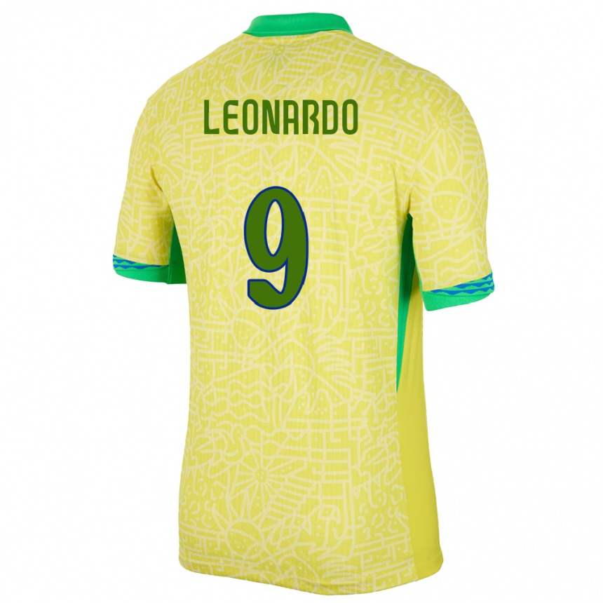 Hombre Fútbol Camiseta Brasil Marcos Leonardo #9 Amarillo 1ª Equipación 24-26 México