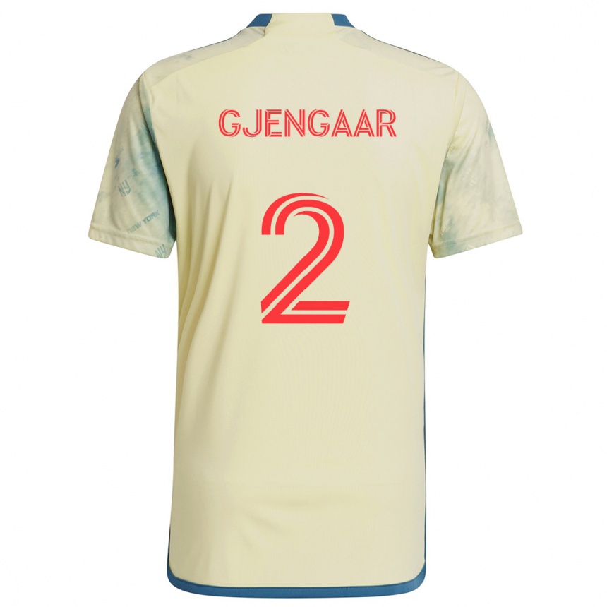 Niño Fútbol Camiseta Dennis Gjengaar #2 Amarillo Rojo Azul 1ª Equipación 2024/25 México