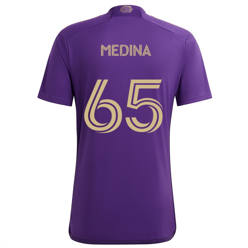 Niño Fútbol Camiseta Cristian Medina #65 Púrpura Amarillo 1ª Equipación 2024/25 México