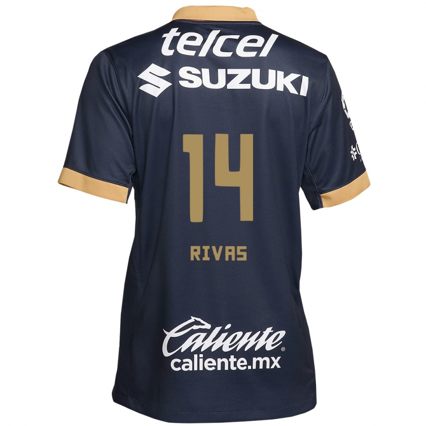 Niño Fútbol Camiseta Jesús Rivas #14 Obsidiana Dorada Blanca 2ª Equipación 2024/25 México