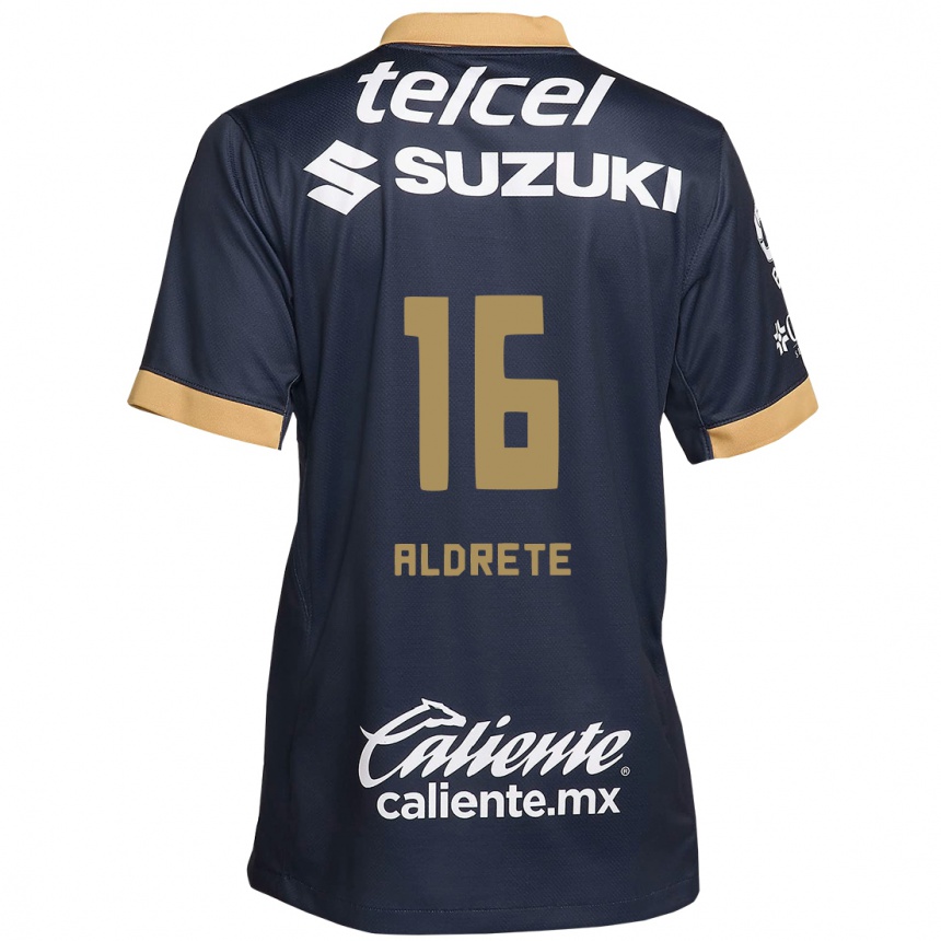 Niño Fútbol Camiseta Adrián Aldrete #16 Obsidiana Dorada Blanca 2ª Equipación 2024/25 México