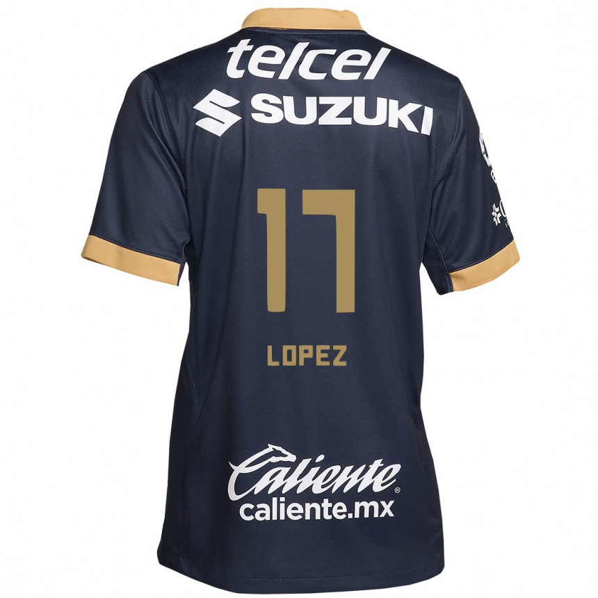 Niño Fútbol Camiseta Leonel Lopez #17 Obsidiana Dorada Blanca 2ª Equipación 2024/25 México