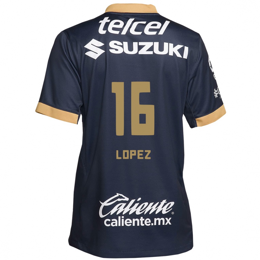 Niño Fútbol Camiseta Samantha Lopez #16 Obsidiana Dorada Blanca 2ª Equipación 2024/25 México