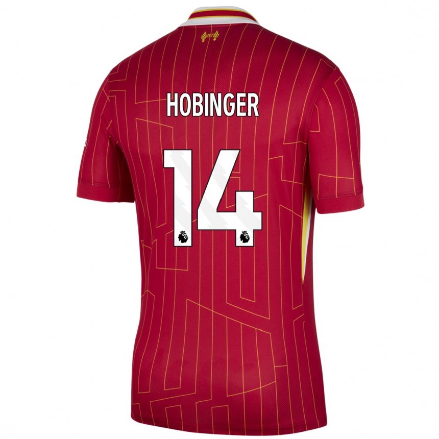 Niño Fútbol Camiseta Marie Höbinger #14 Rojo Amarillo Blanco 1ª Equipación 2024/25 México