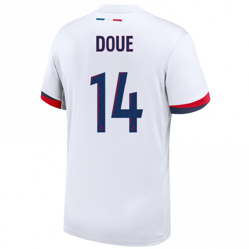 Niño Fútbol Camiseta Désiré Doué #14 Blanco Azul Rojo 2ª Equipación 2024/25 México