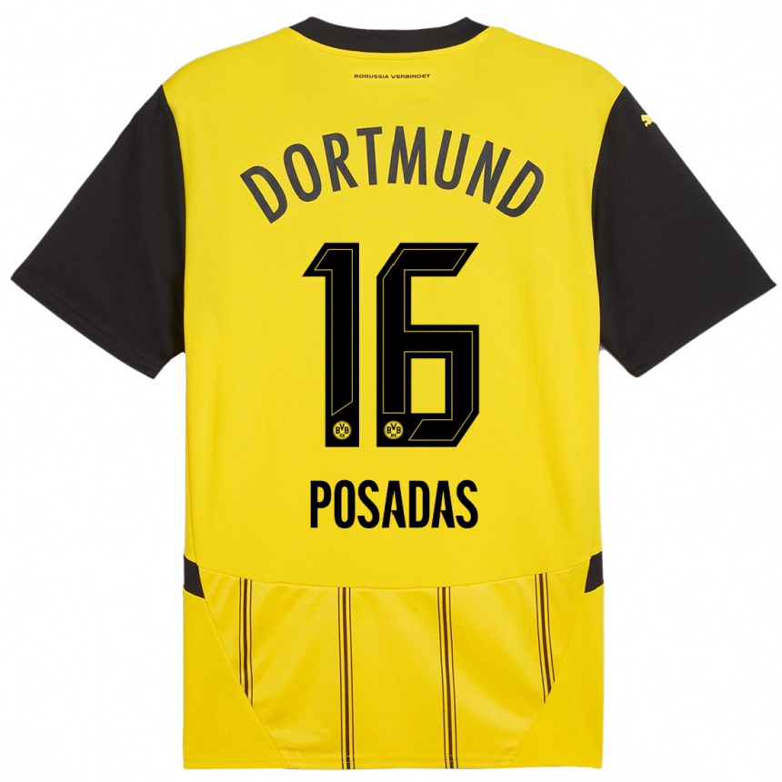 Niño Fútbol Camiseta Leonardo Posadas #16 Amarillo Negro 1ª Equipación 2024/25 México