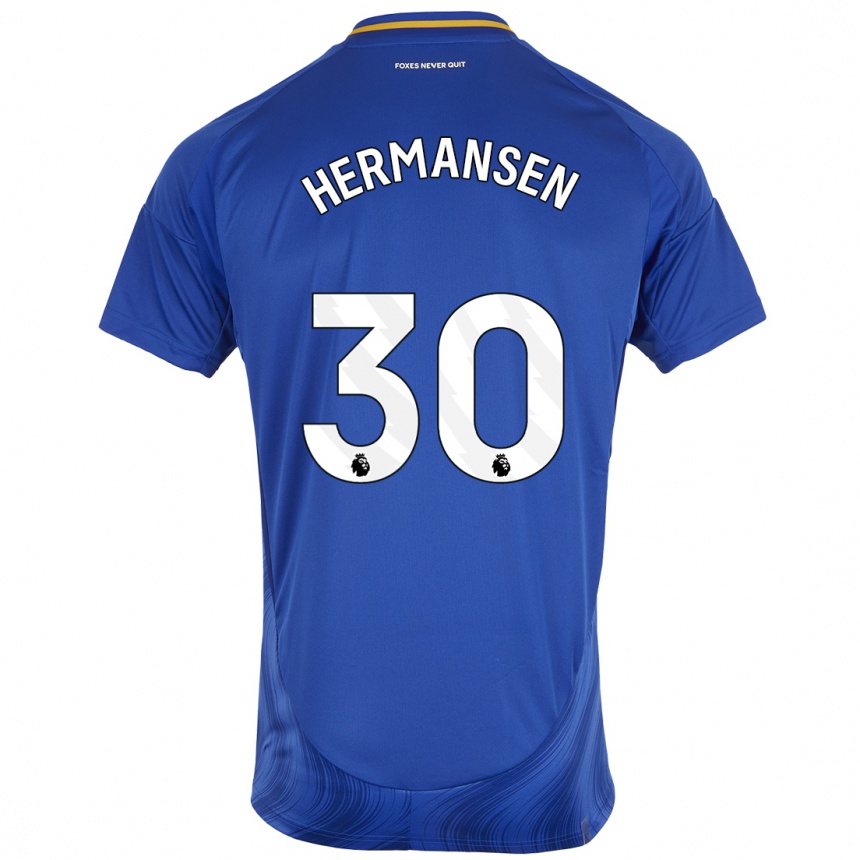 Niño Fútbol Camiseta Mads Hermansen #30 Azul Blanco 1ª Equipación 2024/25 México