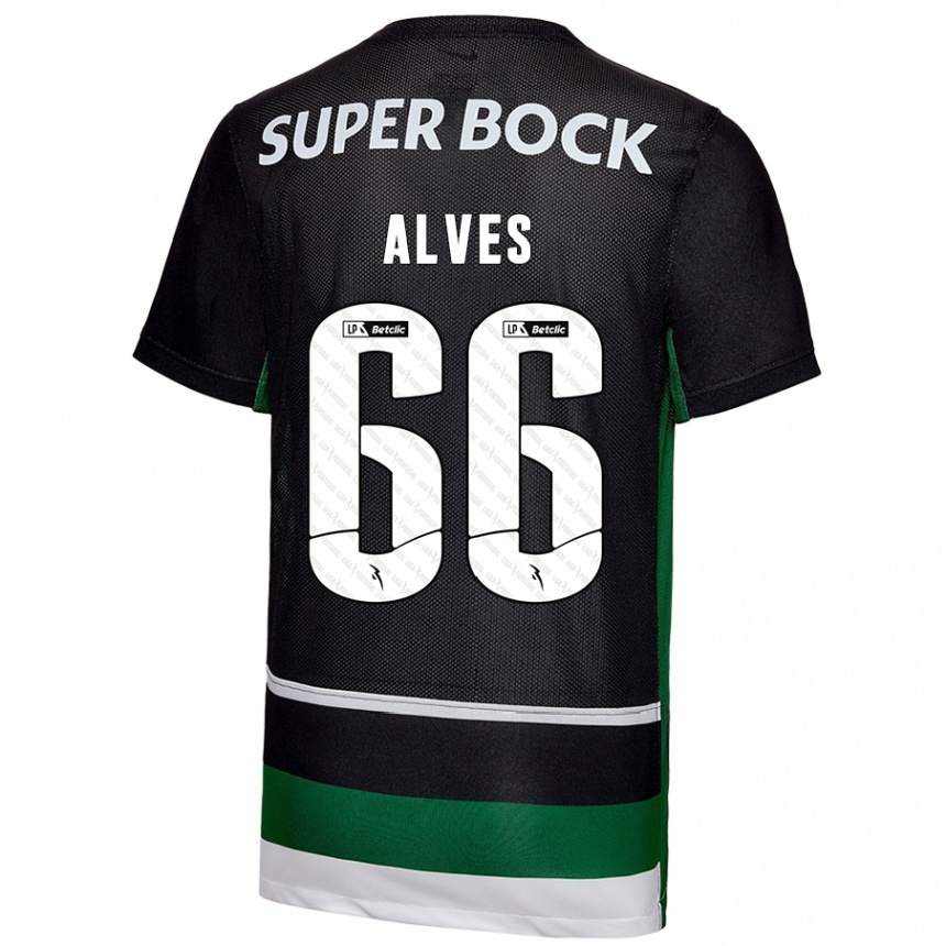 Niño Fútbol Camiseta Miguel Alves #66 Negro Blanco Verde 1ª Equipación 2024/25 México