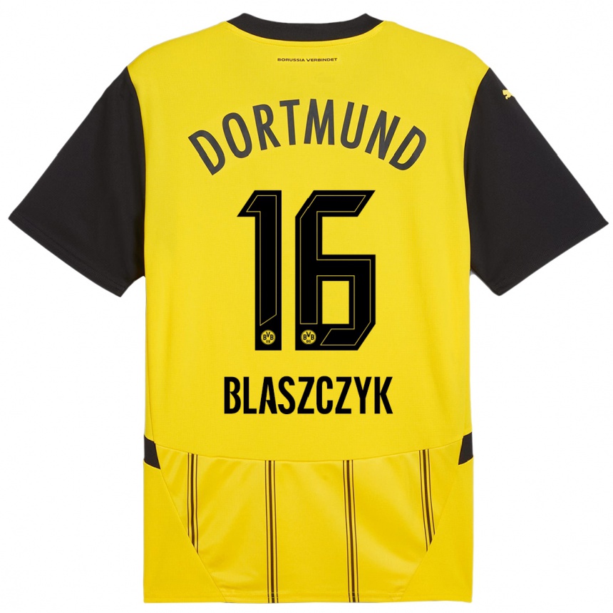 Hombre Fútbol Camiseta Oliwer Blaszczyk #16 Amarillo Negro 1ª Equipación 2024/25 México