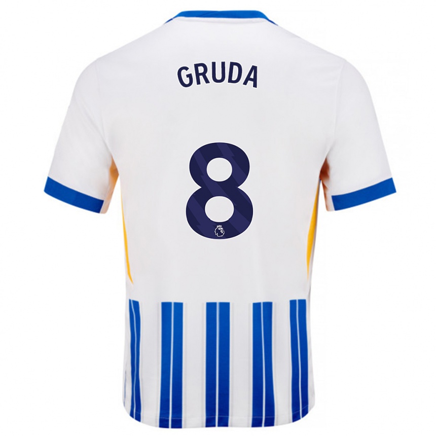 Hombre Fútbol Camiseta Brajan Gruda #8 Blanco Azul Rayas 1ª Equipación 2024/25 México