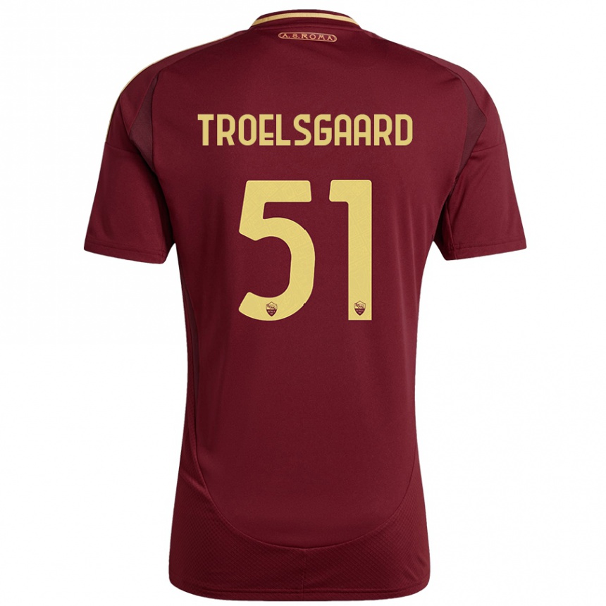 Niño Fútbol Camiseta Sanne Troelsgaard #51 Rojo Marrón Dorado 1ª Equipación 2024/25 México