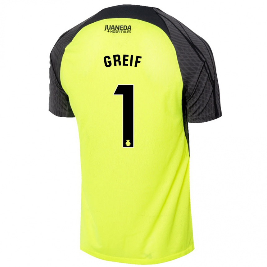 Hombre Fútbol Camiseta Dominik Greif #1 Verde Fluorescente Negro 2ª Equipación 2024/25 México