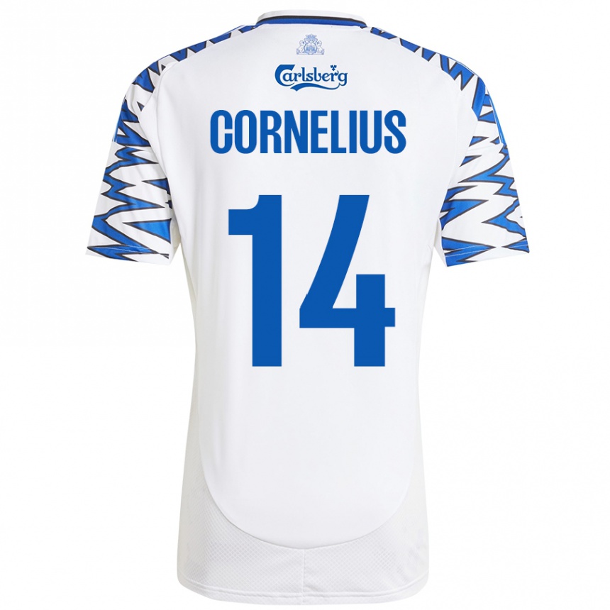 Niño Fútbol Camiseta Andreas Cornelius #14 Blanco Azul Cielo 1ª Equipación 2024/25 México