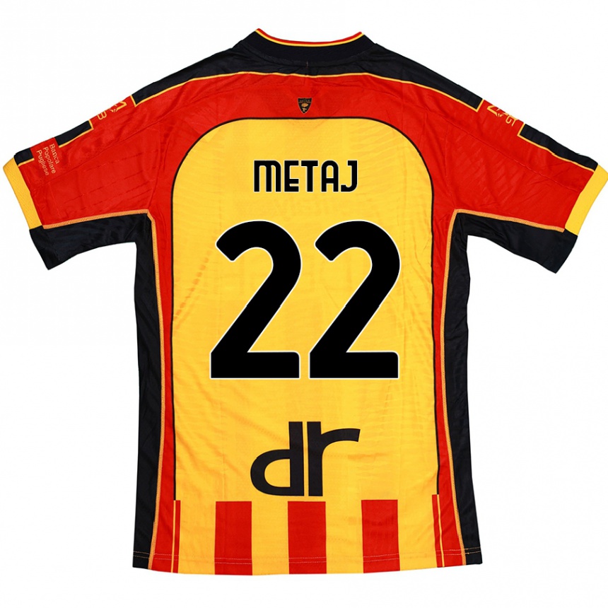 Hombre Fútbol Camiseta Dejvi Metaj #22 Amarillo Rojo 1ª Equipación 2024/25 México